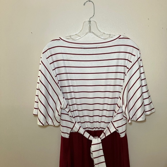 Striped Tie Back Midi Dress White & Burgundy Casual Chic XL - Picture 4 of 5